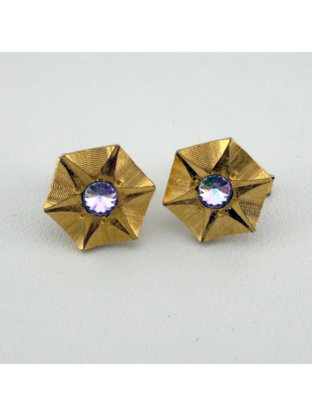 Vintage Gold Tone Hexagon Cufflinks Purple Rhinestone Mid Century